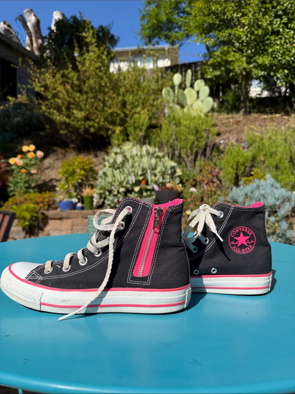 Converse High-Top Canvas Sneakers in Black and Pink.